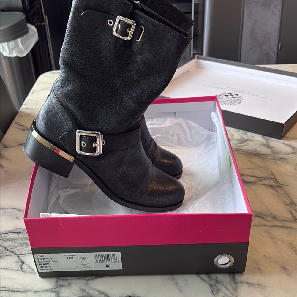 Vince Camuto Black Silver Moto Combat Boots